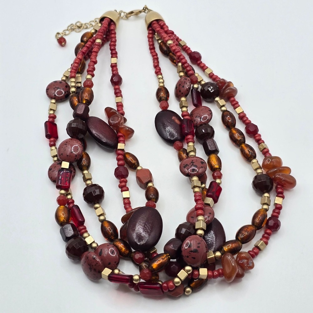 Lia Sophia Necklace Red Beaded Multi Strand‎ Goldtone Women statement